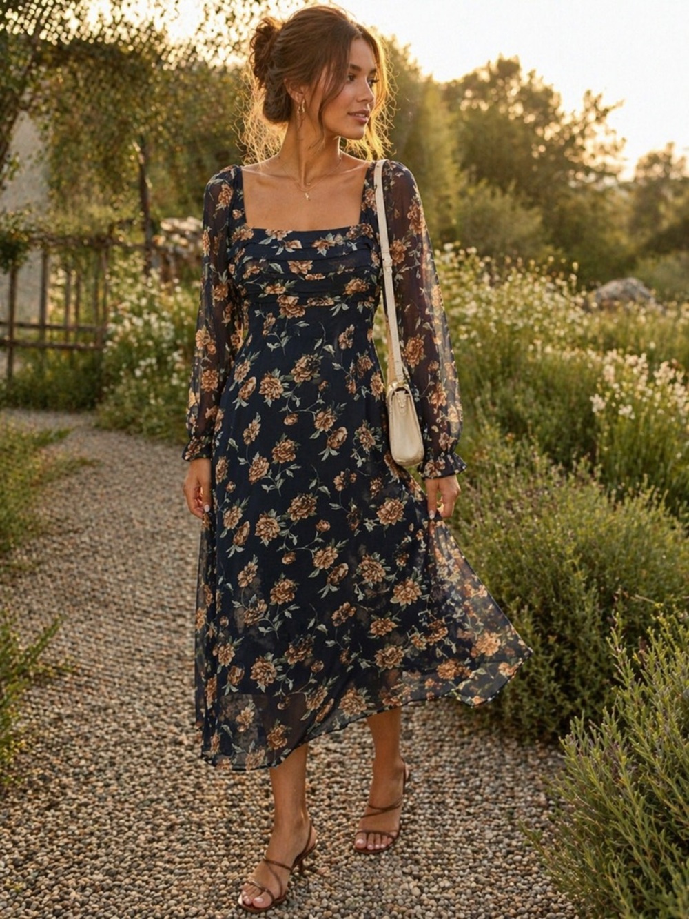 Abercrombie Floral Midi Dress Sheer Sleeve Cottagecore Smocked L